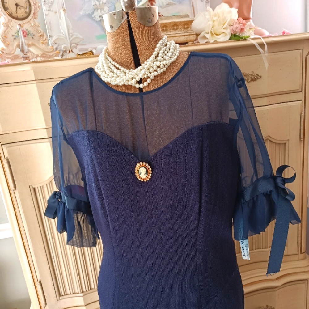 Elegant VTG Navy "Anthony Sicari" Knit Dress with Sheer Sleeves NWT